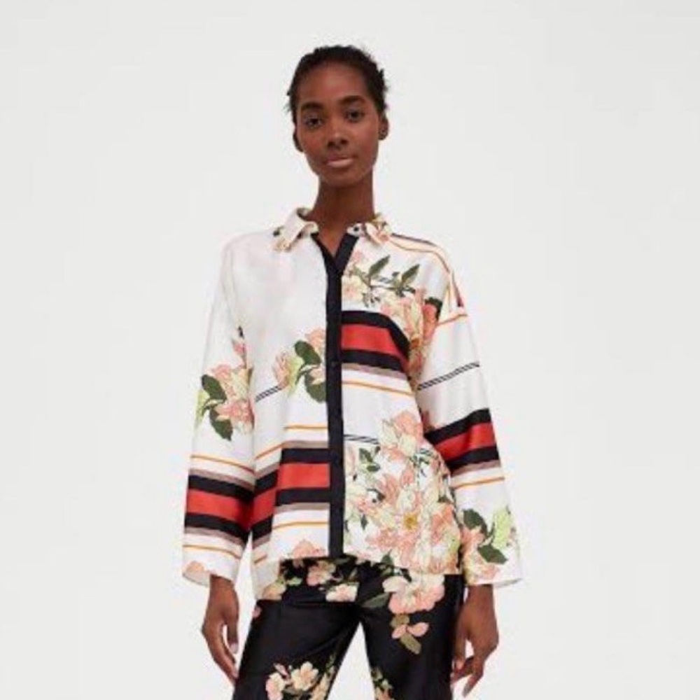 Zara Basic Red And Black Patterned Top - image 1